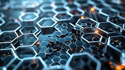 Fototapeta premium A close-up view of interconnected hexagonal structures, highlighting a futuristic design with glowing accents and a tech-inspired aesthetic.