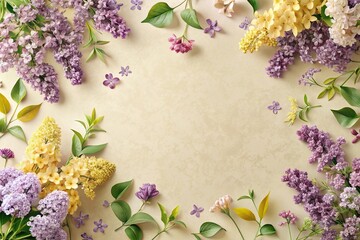 Floral pattern with purple lilac and yellow flowers on beige background