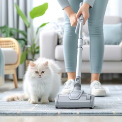 A person vacuums a carpet while a white cat watches, showcasing a clean home environment and pet-friendly cleaning.