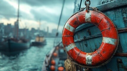 A red and white lifebuoy hangs on a weathered boat in a harbor, with a cityscape in the background.