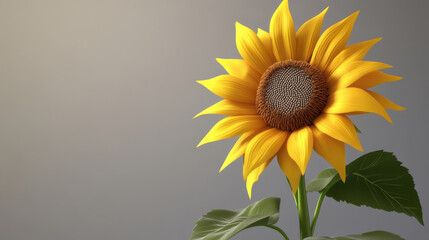 Obraz premium A solitary sunflower with golden petals against a muted gray backdrop, a classic representation of natural beauty and simplicity.