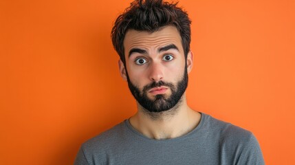 Obraz premium expressive portrait of perplexed man against vibrant orange backdrop dynamic composition highlighting facial features and emotions with bold color contrast