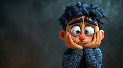 Cartoon boy with sad expression and worried face.