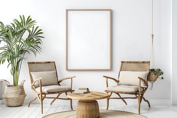 Fototapeta premium Bright living room interior with empty frame mockup, wooden chairs and white wall