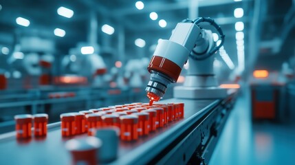 Robotic arm sorting products on a conveyor belt in a modern factory setting.