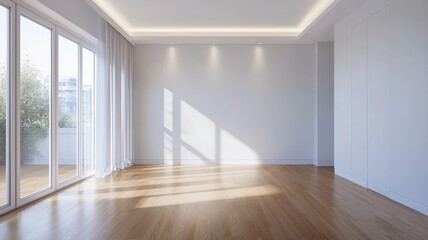 A bright, spacious room with wooden flooring, large windows, and minimalist design, showcasing natural light and a serene atmosphere.