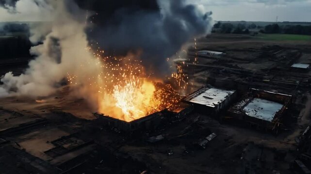 A massive fire rages through an industrial complex, with thick smoke billowing from the burning structures. The flames spread rapidly, consuming everything in their path. Emergency crews work to contr