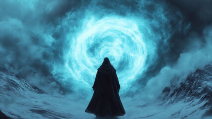 mysterious figure stands in snowy landscape, facing swirling portal of blue energy. atmosphere is charged with magic and anticipation, evoking sense of wonder and adventure