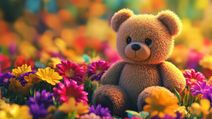 Fototapeta premium Cute little bear 3D 3D flowers on a colorful background