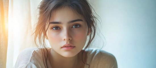 Fototapeta premium Close up portrait of a young woman with long brown hair looking directly at the camera.