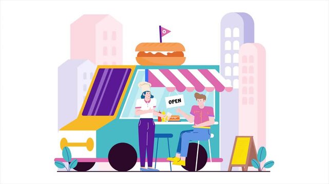 a food truck with a chef serving a customer in a vibrant city setting illustration animated video