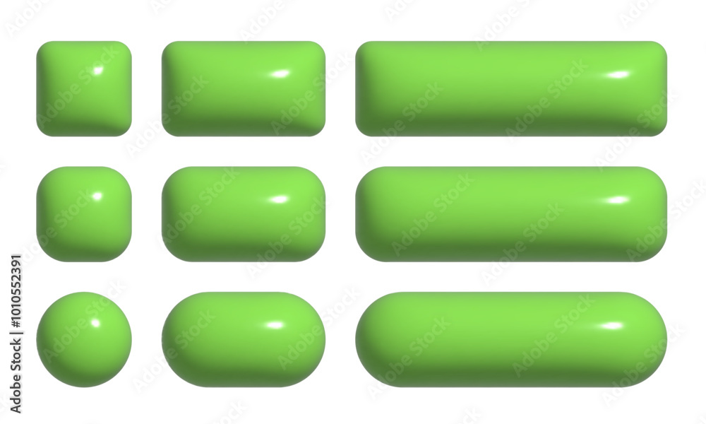 Poster 3d buttons collection for ui and ux design template. realistic green glossy squared and rounded badg