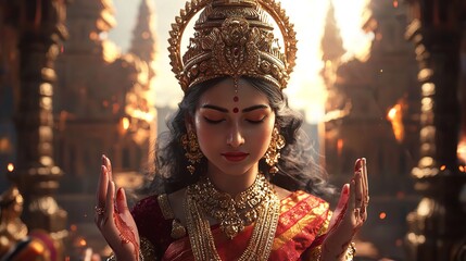 Navaratri festival, a huge idol of Goddess Durga adorned with colorful flowers and golden clothes, crowds of devotees carrying offerings while lighting oil lamps around it, Ai generated images