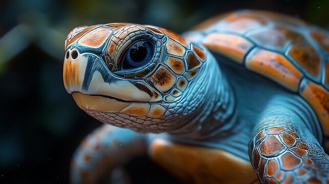 Close-up of a sea turtle's face with a blue eye.