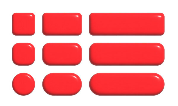 3d buttons collection for UI and UX design template. Realistic red glossy squared and rounded badges