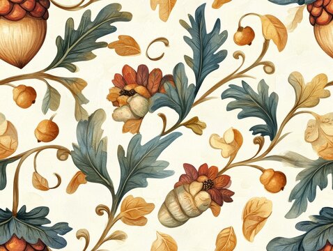 Seamless pattern of a intricate floral pattern featuring acorns and leaves in warm colors on a light background.