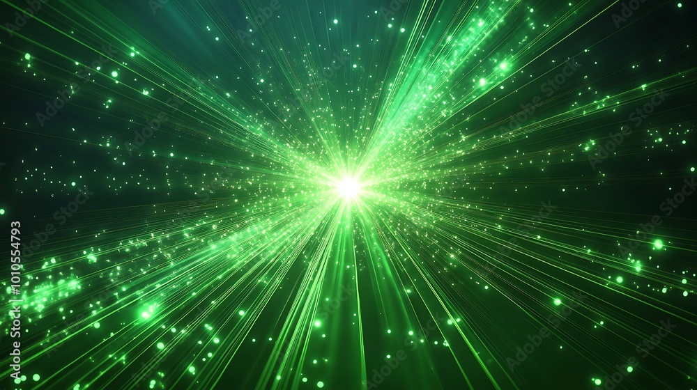 Aufkleber A green light burst with glowing particles radiates outwards from a central point, creating a sense of energy and movement.