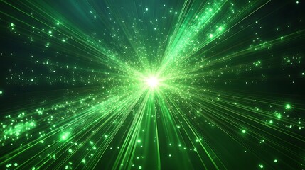 A green light burst with glowing particles radiates outwards from a central point, creating a sense of energy and movement.