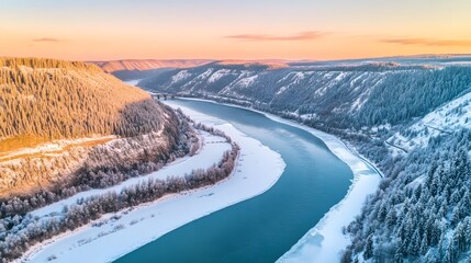 A frozen river cutting through a snowy valley, with frost-covered trees lining its banks