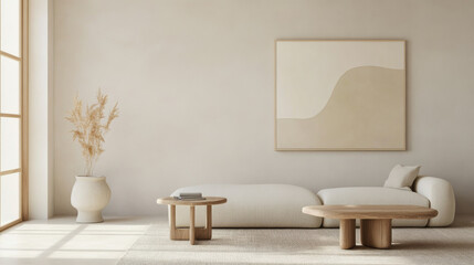 A serene living room featuring minimalist design with light color palette. space includes cozy sofa, wooden coffee tables, and decorative plant, creating calm atmosphere