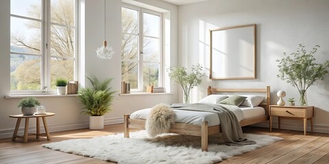 Obraz premium Natural Light Illuminates a Serene Bedroom with a Wooden Bed Frame and a Fluffy Rug