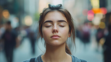 A young woman with closed eyes stands peacefully in busy urban street, embodying tranquility amidst hustle and bustle of city life