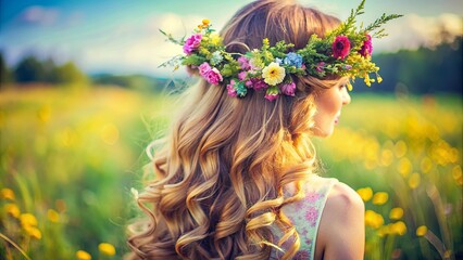 Naklejka premium A woman with long flowing blonde curls adorned with a delicate floral crown, bathed in the warm glow of the setting sun, standing amidst a field of vibrant wildflowers.