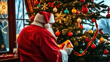 Santa placing red and gold gifts beneath a decorated Christmas tree with lights and ornaments