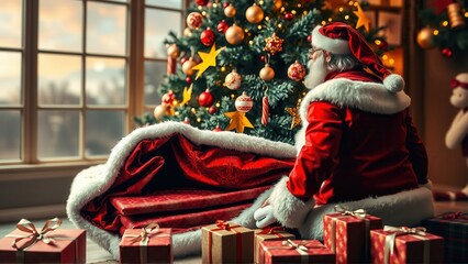 Santa Claus kneeling, placing presents under a glowing Christmas tree adorned with ornaments