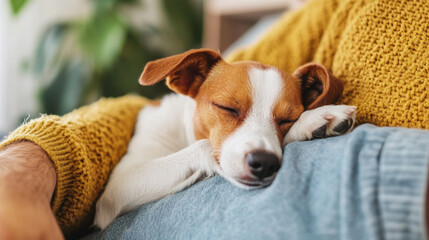 Obraz premium A cozy scene featuring sleeping dog nestled comfortably on persons lap, radiating warmth and tranquility. soft textures of sweater and relaxed atmosphere enhance feeling of comfort