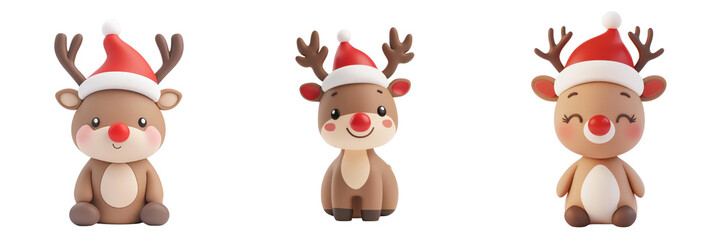 Cute reindeer characters in Santa hats, isolated on a white background.