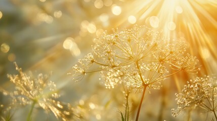 Sunbeams through a field of wildflowers at sunset.