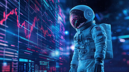 Trader astronaut with data-filled visor in space