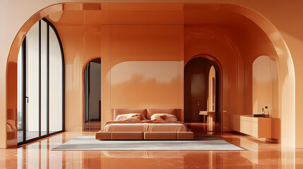 Modern Orange Bedroom Interior with Archways and Large Window