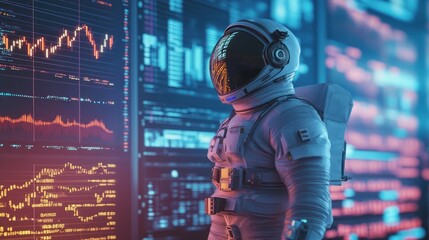 Technological astronaut with stock data on display