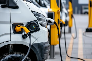 Fleet of electric vans charging, ready for eco-friendly logistics, showcasing innovation in sustainable transportation