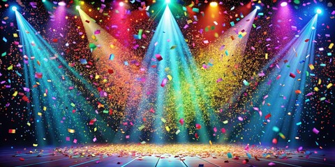 A Stage Illuminated by Vivid Spotlights, Drenched in a Shower of Confetti, Creating a Festive and Joyous Ambiance