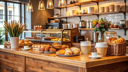 A rustic cafe counter adorned with freshly baked pastries, a bouquet of flowers, and steaming cups of coffee, creating an inviting atmosphere for a cozy morning breakfast