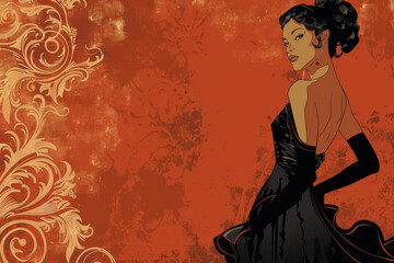 Fototapeta premium A woman in a black dress is standing in front of a red background