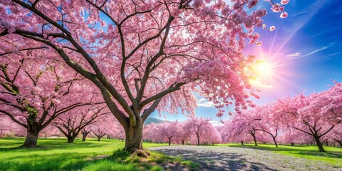 Naklejka premium A canopy of delicate pink blossoms adorns a grove of trees, their branches reaching towards a radiant sun, casting long shadows on the verdant grass below.