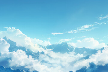 A mountain range is visible in the sky with a few clouds scattered throughout