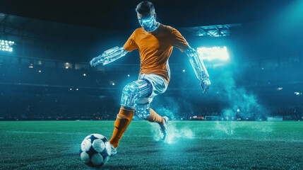 Naklejka premium Cybernetic athlete elegantly chasing soccer ball