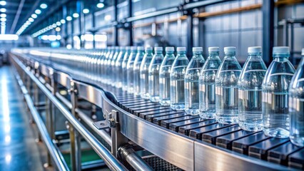 Clear Water Bottles on Conveyor Belt in Bottling Factory Showcasing Mass Production and Quality Control Process