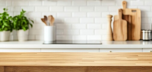 Wooden counter in a bright kitchen, blurred pots and pans in the background, cozy farmhouse-style kitchen interior