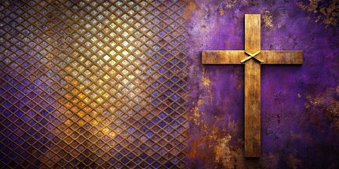 Forced perspective cross on textured purple rust gold geometric background