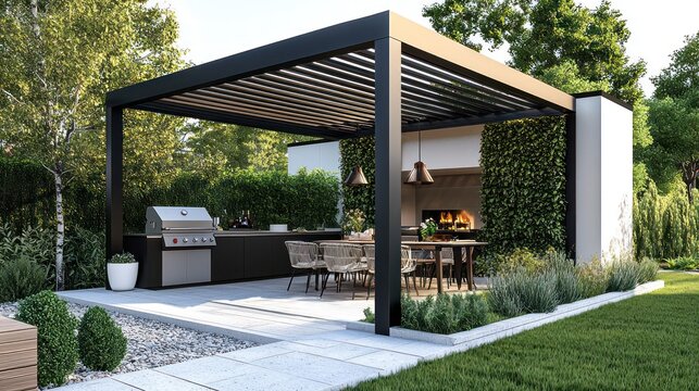 Black steel frame pergola with dining and grill area in a modern outdoor kitchen.