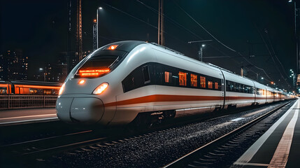 Fototapeta premium High-Speed Train Arriving at Night Station