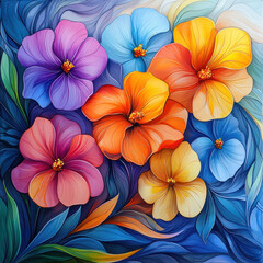 Fototapeta premium A hand-painted piece featuring vibrant flowers where petals are made of thin, swirling lines. Use watercolors to create gradients that merge into each other, full image, orchids