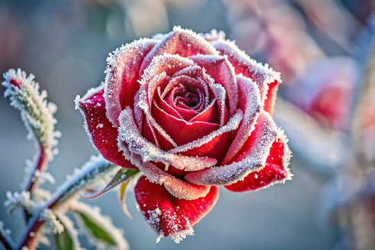 Forced perspective frozen red rose in the winter frost flower