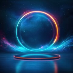 Futuristic Glowing Neon Circle Portal with a Platform